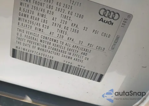 2012 Audi Q5 3.2 Premium из США, поврежденный, VIN WA1WKAFP7CA069209